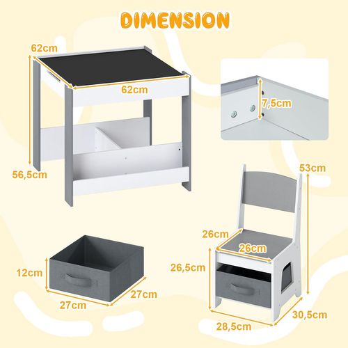 Table Enfant 4 En 1 Avec 2 Chaises Et Tableaux Réversibles, Bibliothèques, 62x62cm,gris