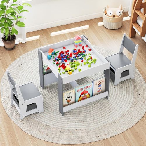 Table Enfant 4 En 1 Avec 2 Chaises Et Tableaux Réversibles, Bibliothèques, 62x62cm,gris