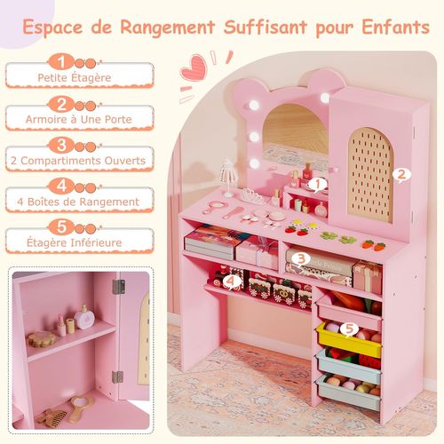 Coiffeuse Enfant Avec Chaise Et Miroir Lumineux, 5 Tiroirs Et Armoire, 80x29.5x110cm,rose