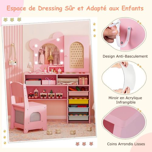 Coiffeuse Enfant Avec Chaise Et Miroir Lumineux, 5 Tiroirs Et Armoire, 80x29.5x110cm,rose