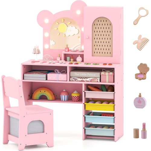 Coiffeuse Enfant Avec Chaise Et Miroir Lumineux, 5 Tiroirs Et Armoire, 80x29.5x110cm,rose
