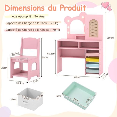 Coiffeuse Enfant Avec Chaise Et Miroir Lumineux, 5 Tiroirs Et Armoire, 80x29.5x110cm,rose
