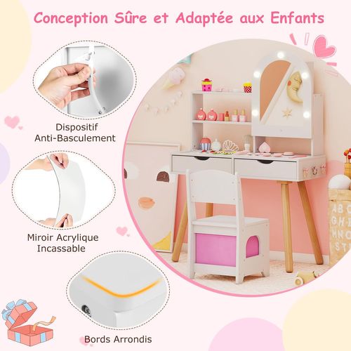 Coiffeuse Enfant Avec Chaise Et Miroir Lumineux, 2 Tiroirs Et Étagère, 79x29x113cm ,blanc