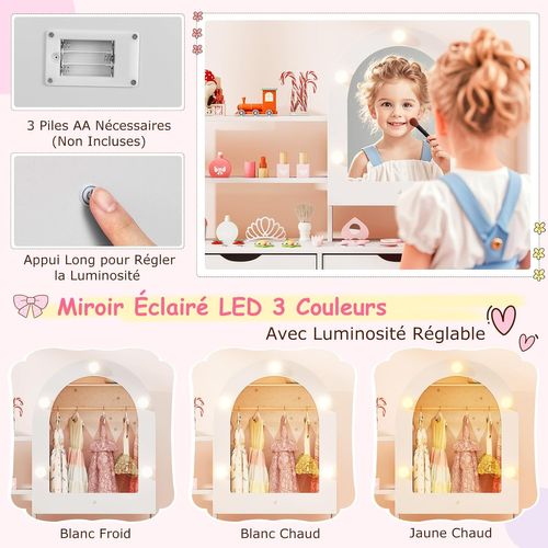Coiffeuse Enfant Avec Chaise Et Miroir Lumineux, 2 Tiroirs Et Étagère, 79x29x113cm ,blanc
