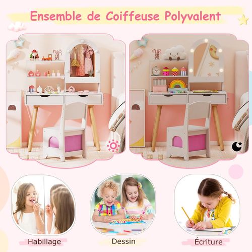 Coiffeuse Enfant Avec Chaise Et Miroir Lumineux, 2 Tiroirs Et Étagère, 79x29x113cm ,blanc