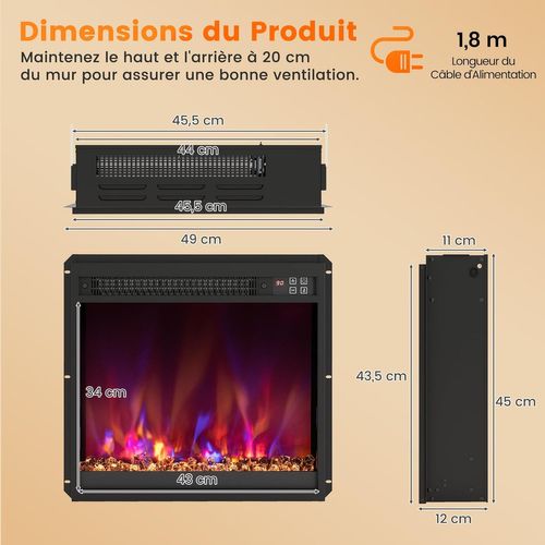 Cheminée Électrique Encastré 1500w, 18" Avec Télécommande 16,5°c à 32°c Minuterie 0,5-9h