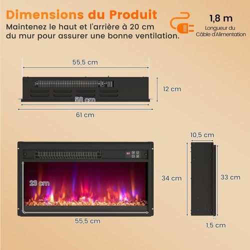 Cheminée Électrique Encastré 1500w, 23" Avec Télécommande 16,5°c à 32°c Minuterie 0,5-9h
