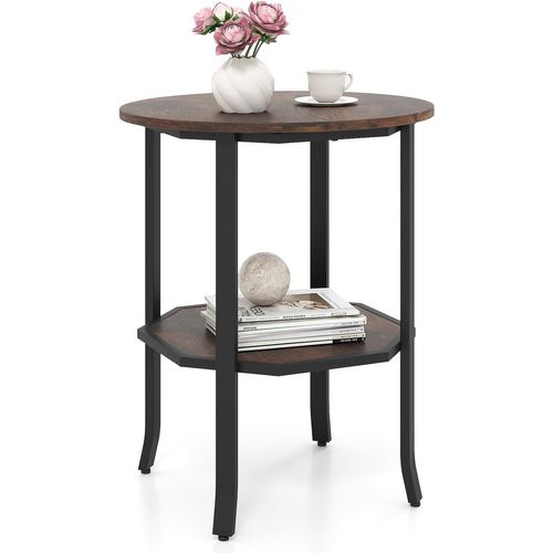 Table D'appoint Ronde 50x50x61cm, 2 Niveaux, Cadre Métal, Style Industriel ,brun Rustique