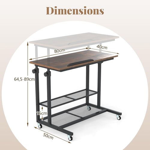 Bureau Debout Mobile 81x50x89cm, Réglable Hauteur, Plateau Inclinable, à Roulettes,brun