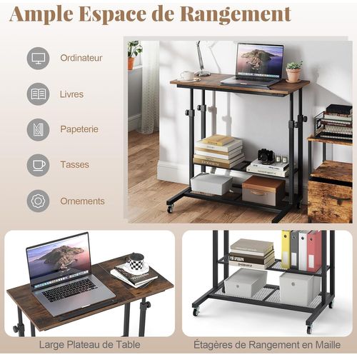 Bureau Debout Mobile 81x50x89cm, Réglable Hauteur, Plateau Inclinable, à Roulettes,brun