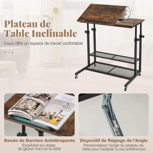 Bureau Debout Mobile 81x50x89cm, Réglable Hauteur, Plateau Inclinable, à Roulettes,brun