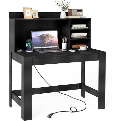 Bureau D'ordinateur 108x60cm Avec Bibliothèque, Prise Et USB Intégrées, Passe-câbles, Noir