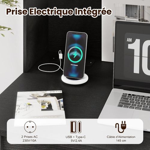 Bureau D'ordinateur 108x60cm Avec Bibliothèque, Prise Et USB Intégrées, Passe-câbles, Noir