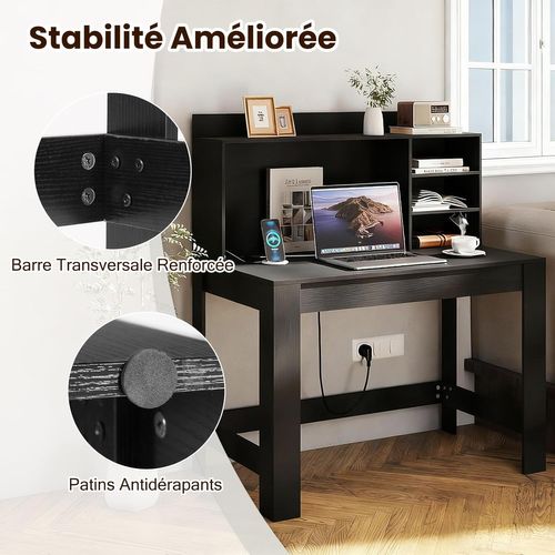 Bureau D'ordinateur 108x60cm Avec Bibliothèque, Prise Et USB Intégrées, Passe-câbles, Noir