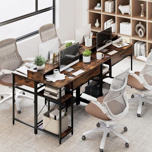 Bureau Rangement 106x48x90cm,station Charge,étagère Et Tiroir,cadre Métal,marron Rustique