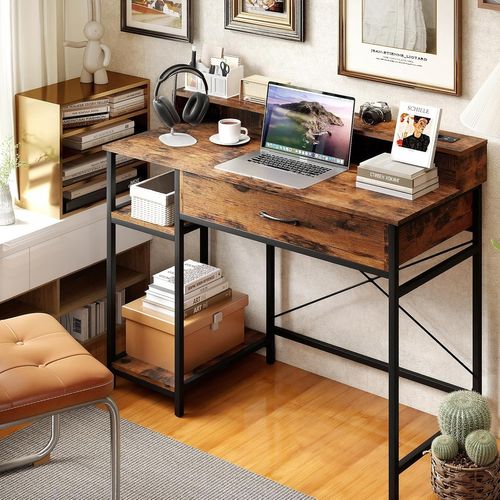 Bureau Rangement 106x48x90cm,station Charge,étagère Et Tiroir,cadre Métal,marron Rustique
