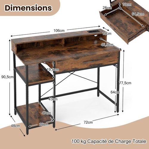 Bureau Rangement 106x48x90cm,station Charge,étagère Et Tiroir,cadre Métal,marron Rustique