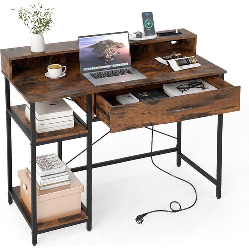 Bureau Rangement 106x48x90cm,station Charge,étagère Et Tiroir,cadre Métal,marron Rustique