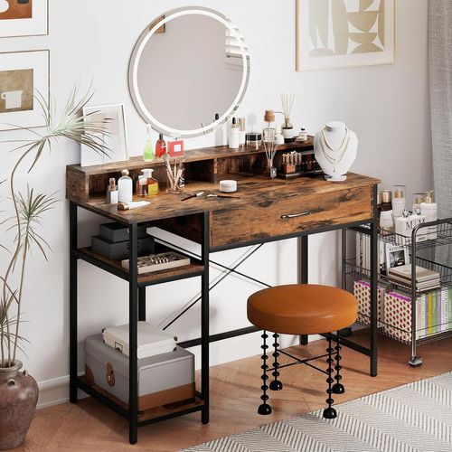 Bureau Rangement 106x48x90cm,station Charge,étagère Et Tiroir,cadre Métal,marron Rustique