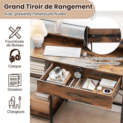 Bureau Rangement 106x48x90cm,station Charge,étagère Et Tiroir,cadre Métal,marron Rustique