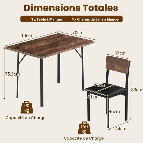 Table à Manger Avec 4 Chaises, Cadre En Métal, Tabourets Rembourrées En Simili Cuir