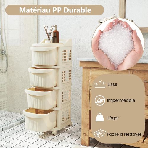 Chariot Rangement 4 Tiroirs à Roulettes, Pp, 6 Crochets, Panneau Perforé, 38x32x86cm,crème