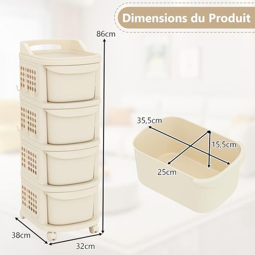 Chariot Rangement 4 Tiroirs à Roulettes, Pp, 6 Crochets, Panneau Perforé, 38x32x86cm,crème