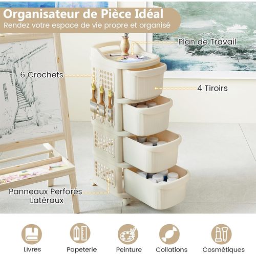 Chariot Rangement 4 Tiroirs à Roulettes, Pp, 6 Crochets, Panneau Perforé, 38x32x86cm,crème