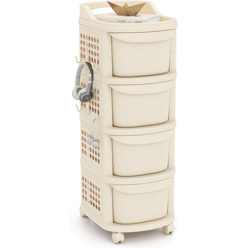 Chariot Rangement 4 Tiroirs à Roulettes, Pp, 6 Crochets, Panneau Perforé, 38x32x86cm,crème