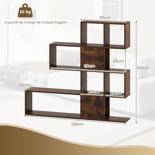 Bibliothèque 5 Niveaux Forme S, 6 Compartiments, Étagère Rangement, 120x20x109cm, Marron