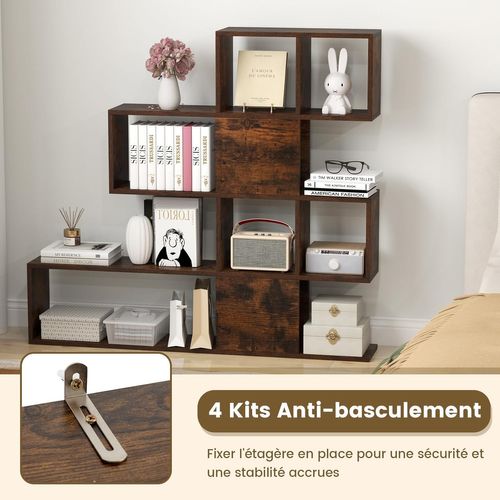 Bibliothèque 5 Niveaux Forme S, 6 Compartiments, Étagère Rangement, 120x20x109cm, Marron