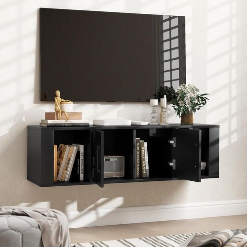 Meuble TV Suspendu Flottant 108x33x31cm, 2 Portes Avec Cubes De Rangement, Pour Salon，noir