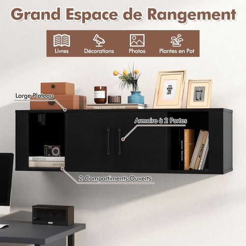 Meuble TV Suspendu Flottant 108x33x31cm, 2 Portes Avec Cubes De Rangement, Pour Salon，noir