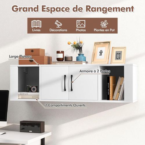 Meuble TV Suspendu Flottant à 2 Portes, 2 Cubes, Console Multimédia TV Convient (blanc)