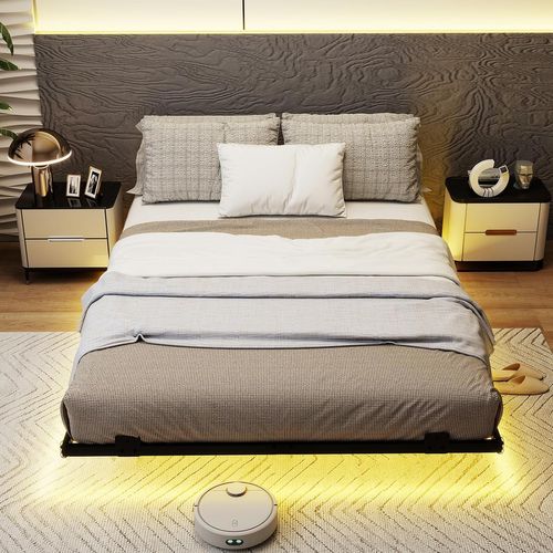 Cadre De Lit Flottant 140x200cm, Éclairage LED, Ports USB, Télécommande, Métal ,noir