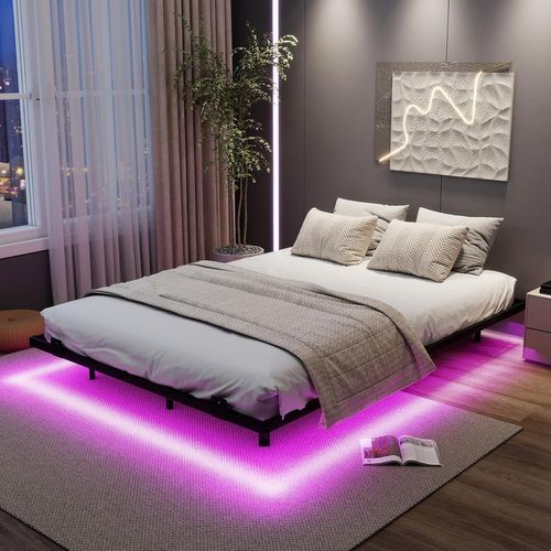 Cadre De Lit Flottant 140x200cm, Éclairage LED, Ports USB, Télécommande, Métal ,noir