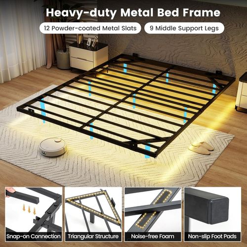 Cadre De Lit Flottant 140x200cm, Éclairage LED, Ports USB, Télécommande, Métal ,noir