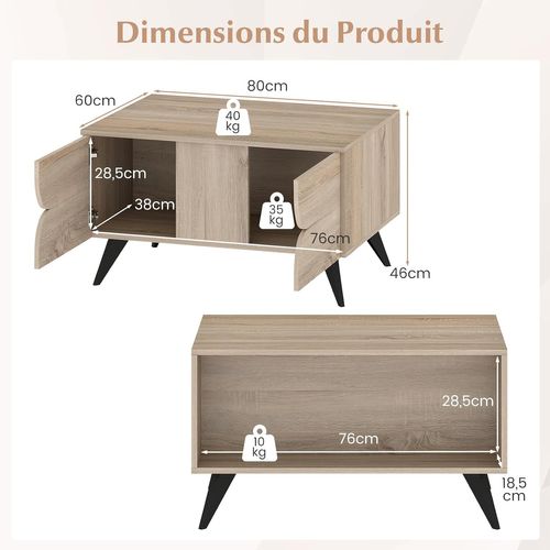 Table Basse Scandinave Style Ferme 80x60x46cm, Rangement 3 Portes, 4 Pieds Surélevés