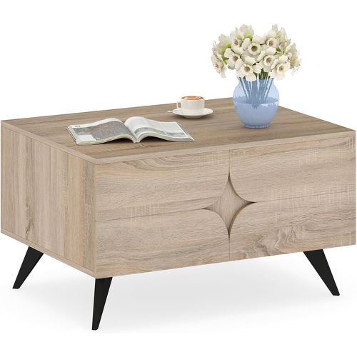 Table Basse Scandinave Style Ferme 80x60x46cm, Rangement 3 Portes, 4 Pieds Surélevés