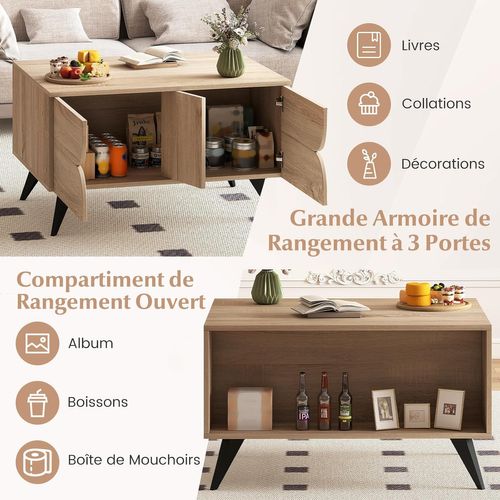 Table Basse Scandinave Style Ferme 80x60x46cm, Rangement 3 Portes, 4 Pieds Surélevés
