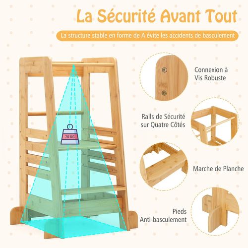 Tour D'apprentissage Montessori Bambou, 4 Hauteurs Réglables, 58x60x91cm, 18 Mois+,naturel