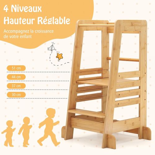 Tour D'apprentissage Montessori Bambou, 4 Hauteurs Réglables, 58x60x91cm, 18 Mois+,naturel