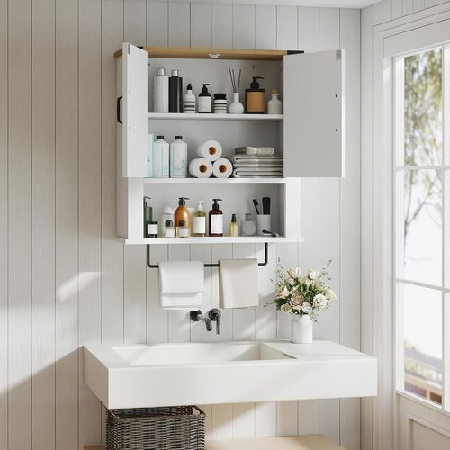 Armoire Murale Salle De Bain 60x20x73cm, 2 Portes, Étagère Réglable, Barre Serviettes,blanc