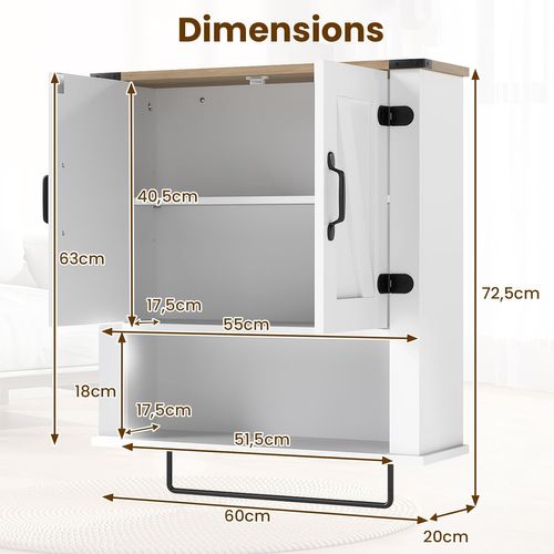 Armoire Murale Salle De Bain 60x20x73cm, 2 Portes, Étagère Réglable, Barre Serviettes,blanc