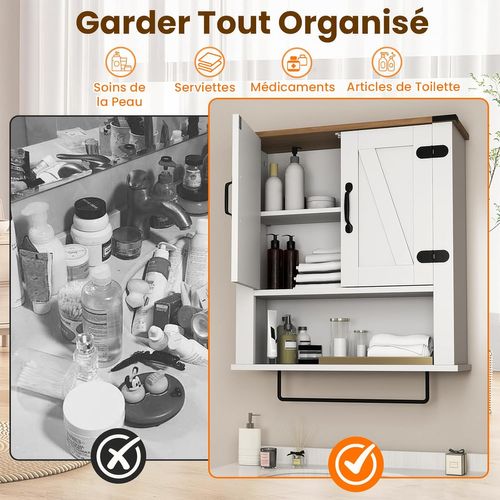 Armoire Murale Salle De Bain 60x20x73cm, 2 Portes, Étagère Réglable, Barre Serviettes,blanc