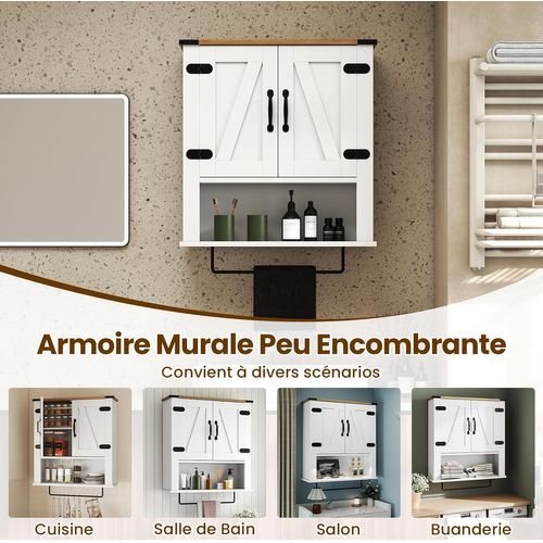 Armoire Murale Salle De Bain 60x20x73cm, 2 Portes, Étagère Réglable, Barre Serviettes,blanc