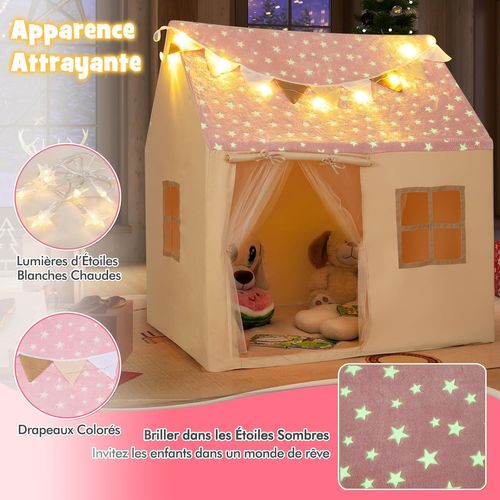 Tente De Jeux Enfant Tissu Phosphorescent, Guirlande Lumineuse, 119x104x129cm,3 Ans+ ,rose