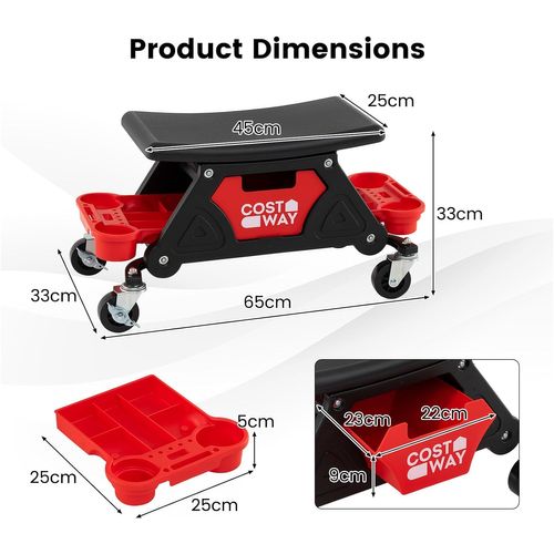 Tabouret D'atelier à Roulettes, Tiroir Coulissant Et 2 Plateaux, Charge 135kg,noir+rouge
