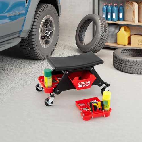 Tabouret D'atelier à Roulettes, Tiroir Coulissant Et 2 Plateaux, Charge 135kg,noir+rouge