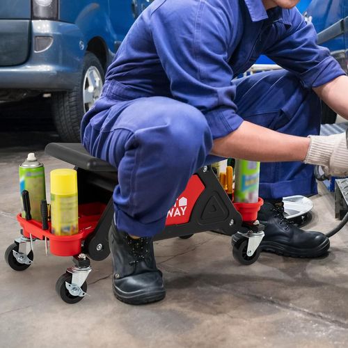 Tabouret D'atelier à Roulettes, Tiroir Coulissant Et 2 Plateaux, Charge 135kg,noir+rouge
